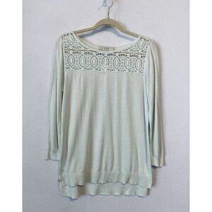 LOFT Sweater Womens Medium Crochet Trim Lightweight Hi Low Hem Green Cottagecore